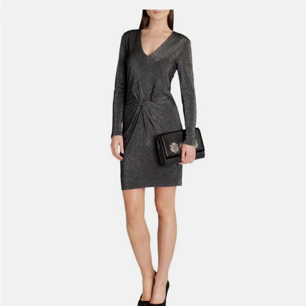 Ted Baker Lizzey back midi silver grey metallic twist ruched cocktail dress